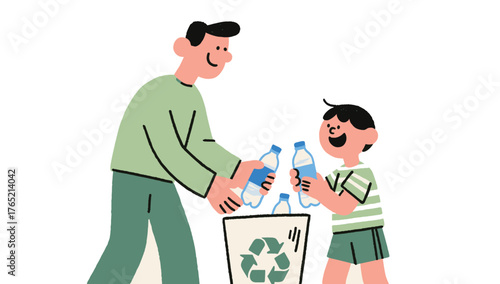 Recycling Together: A heartwarming scene shows a father and son diligently recycling plastic bottles into a designated bin, embodying the values of environmental stewardship and sustainable living.