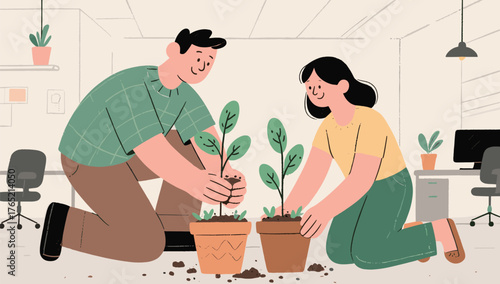 Cultivating Growth: A dedicated pair collaborates indoors to nurture plant, symbolizing growth and renewal.