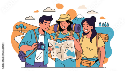 Exploring Together: A group of excited travelers, equipped with maps and gear, embarking on a memorable journey through a picturesque landscape of mountains and open roads.