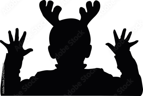 Silhouette of child wearing reindeer antlers and raising hands. Playful kid celebrating Christmas. Black and white holiday vector illustration isolated on white background