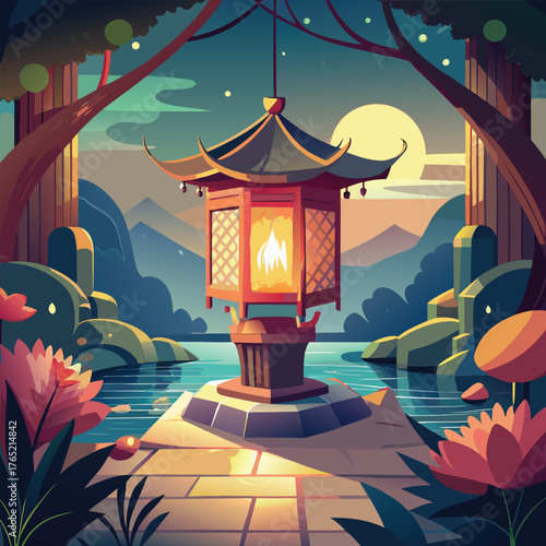 Glowing Japanese lantern by tranquil water at dusk