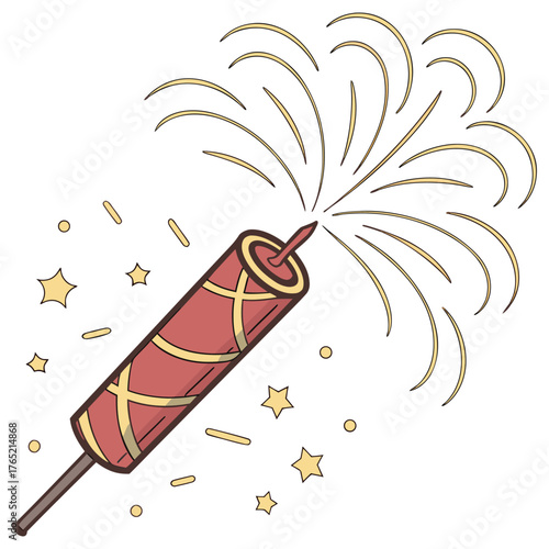 Red firecracker exploding with yellow sparks and stars