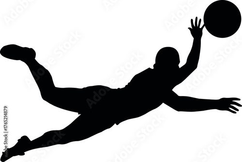 Silhouette of athlete diving to catch ball. Sportsman in action jump pose. Black and white vector illustration of dynamic player isolated on white background