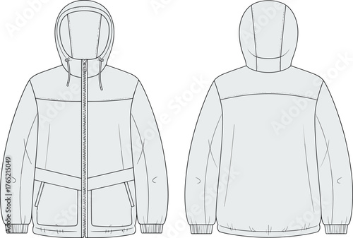 Hooded jacket sketch, front and back view, zipper closure, flap pockets, drawstring hood, elastic cuffs, fashion illustration, garment template, apparel design, outerwear mockup