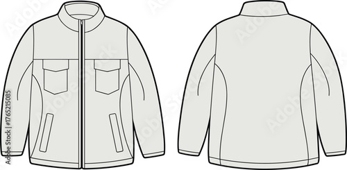 Jacket technical sketch, front and back view, high collar, zipper closure, flap chest pockets, welt waist pockets, fashion illustration, garment template, apparel design, outerwear