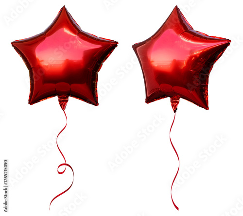 Red party star shaped balloons with isolated against transparent background. Christmas and happy birthday concept