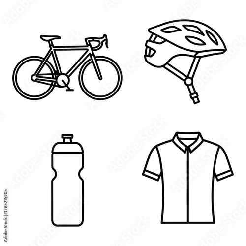 Cycling gear outline vector set bicycle helmet water bottle jersey icon collection