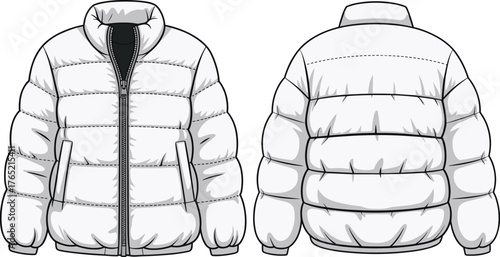 Puffer jacket flat sketch, front and back view, high collar, zip closure, quilted design, elastic cuffs, fashion technical drawing, garment template, outerwear