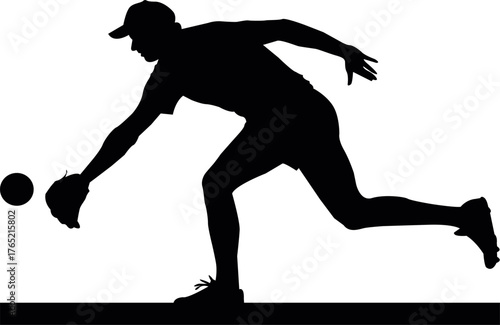 Silhouette of baseball player fielding ball. Man catching ball with glove in action pose. Black and white sport vector illustration