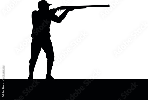 Silhouette of hunter aiming rifle, man shooting target with shotgun, black and white isolated hunting person vector illustration on white background