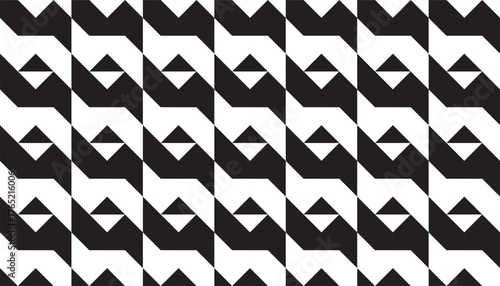 A seamless geometric pattern in bold black and white, featuring diagonal lines and diamond-shaped elements that create a striking optical illusion