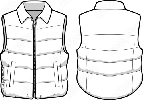 White puffer vest front and back view, quilted design, zipper closure, high collar, insulated outerwear, fashion template, garment sketch, clothing mockup, apparel illustration