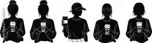 Stylish people drinking coffee silhouette, casual fashion illustration, black and white figure art, modern lifestyle concept, beverage gesture design
