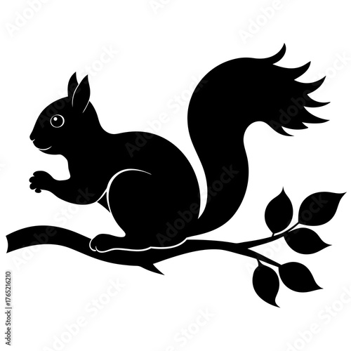 Stylized black silhouette of a squirrel perched on a tree branch with leaves on a white background