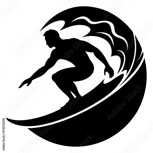 Silhouette of a surfer riding a large wave in a circular design
