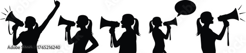 Person with megaphone silhouette, protest and speech gesture art, black figure illustration, vocal expression design, advocacy concept, public speaking icon