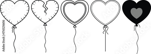 Heart-shaped balloon illustration set, emotional love icons, broken stitched heart clipart, black and white romantic graphic design elements