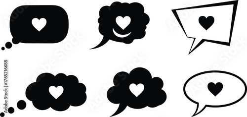 Heart speech bubble icons, love communication symbols, romantic chat graphics, black and white thought balloons, emotional message clipart set
