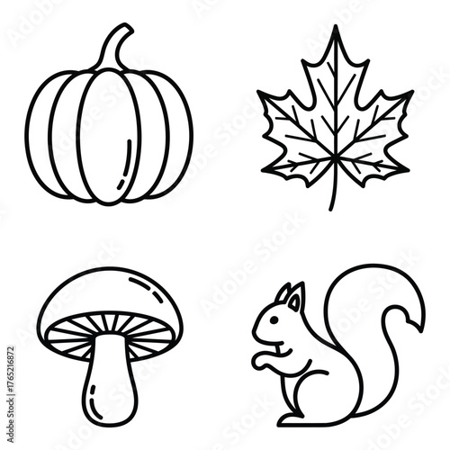 Outline vector icons of autumn elements pumpkin leaf mushroom squirrel