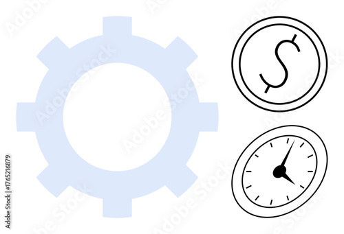 Gear, dollar sign, and clock emphasizing time management, cost efficiency, and workflow optimization. Ideal for business, productivity, process improvement, time value economics finance corporate
