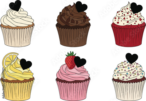 Cupcake illustration set with heart toppers, colorful dessert icons, romantic sweet treat clipart, Valentine bakery graphic design elements