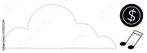 Cloud shape with musical notes and dollar sign icons showcasing digital storage, streaming, and online revenue. Ideal for technology, finance, media platforms, data transfer, entertainment