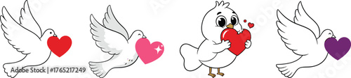 Cartoon dove holding heart illustration set, romantic bird icons, love symbol clipart, emotional Valentine graphic design elements collection