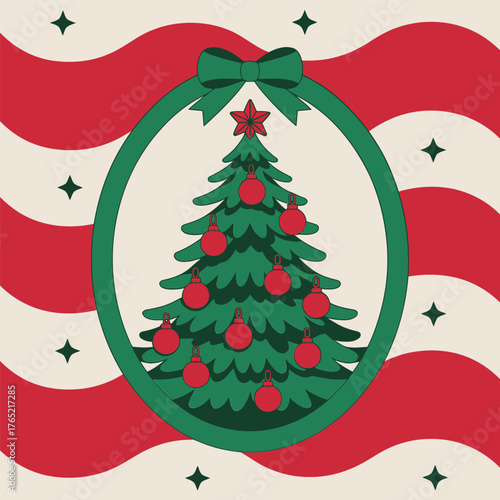 Striped backdrop ornament, ribbon bow on top, evergreen tree centerpiece, retro holiday graphic, cheerful seasonal vector