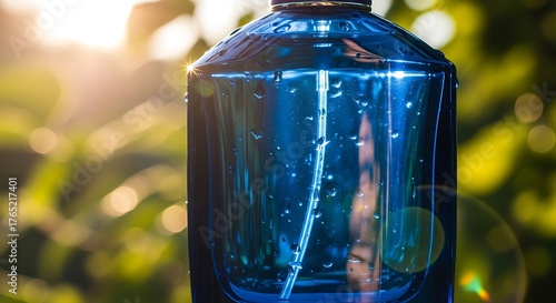 Blue Water Bottle in Natural Light with Green Background.