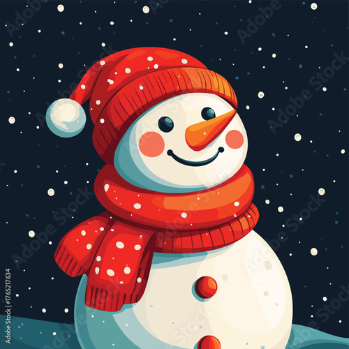 Happy Snowman Banner. Merry Christmas, Happy New Year greeting card, background. Copy space. Generative AI   , vector style simple color