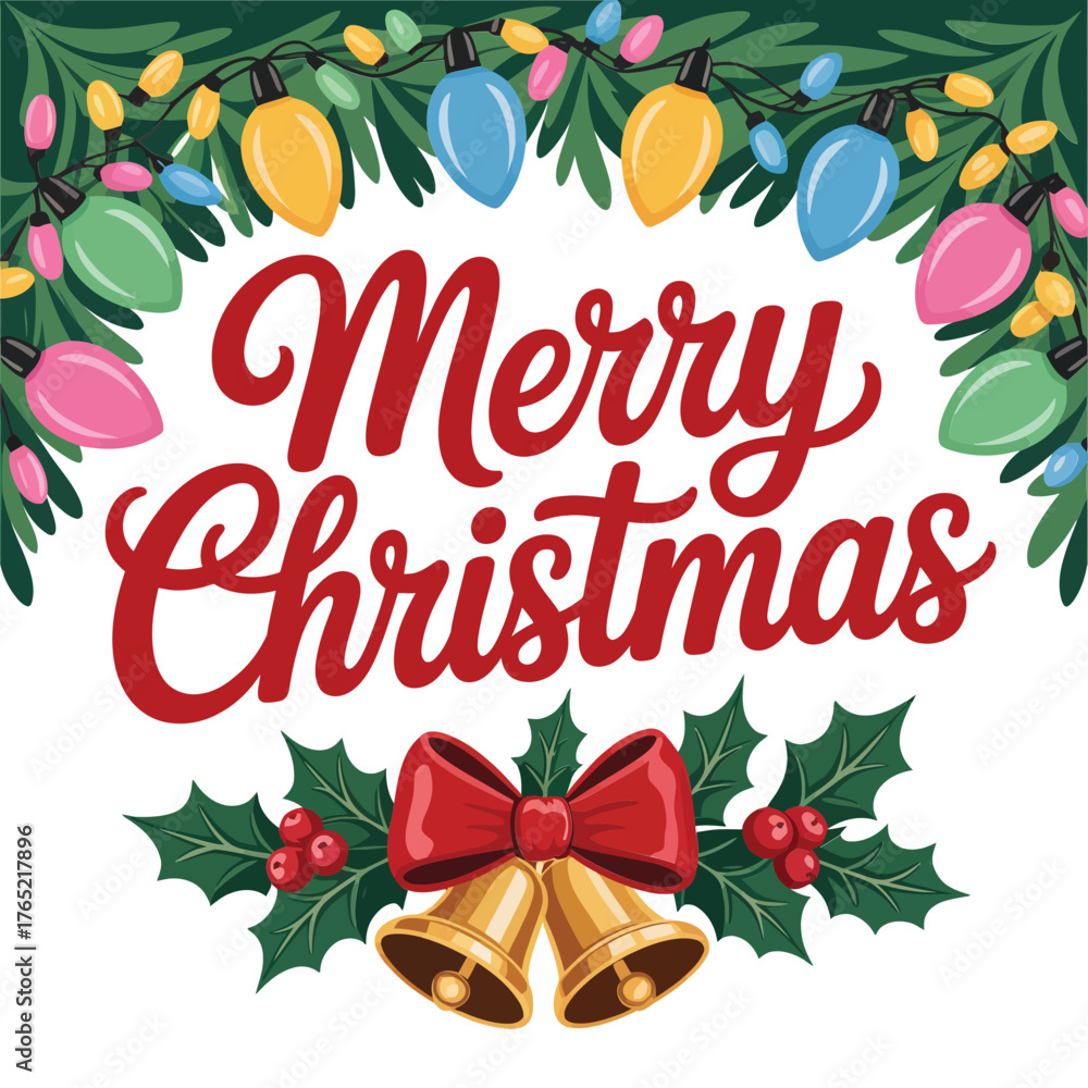 Obraz premium Merry Christmas wreath poster, colorful lights and holly, gold bell bow, cozy greeting typography, cheerful winter holiday vector