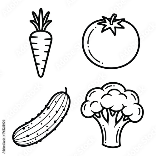 Outline vector illustration of fresh vegetables carrot tomato cucumber broccoli