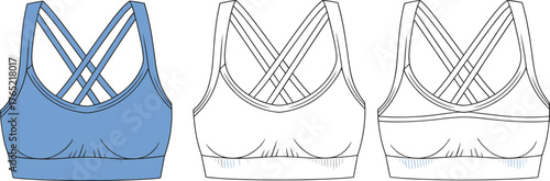 Sports bra flat sketch, CAD drawing, vector illustration, crisscross strap design, fashion template, apparel silhouette, activewear concept, garment detail