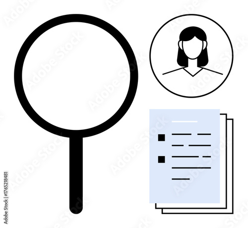 Magnifying glass focuses on resumes and candidate profile, symbolizing job search and analysis. Ideal for recruitment, hiring, HR, employment, career planning, research decision-making. Simple flat