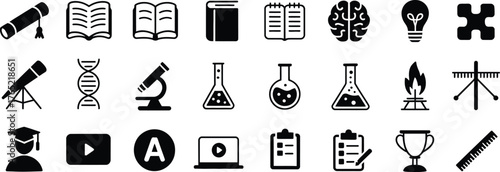 Education glyph icon bundle including atom flask DNA laptop microscope telescope and clipboard – black vector pictogram set for academic presentation study app and scientific illustration