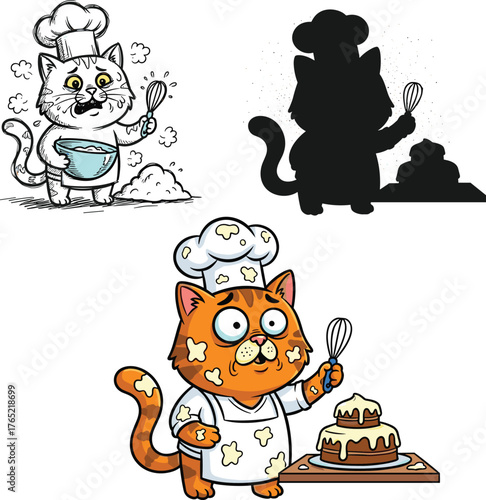Funny Cartoon Cat Chef Covered in Flour and Batter After Baking a Cake