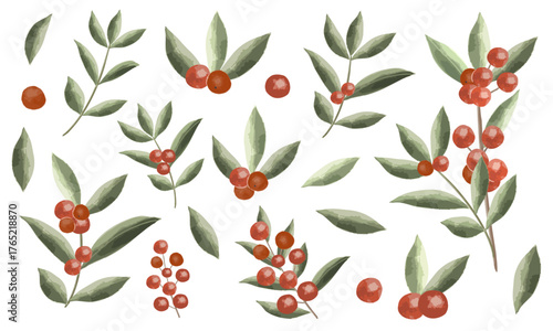 南天の葉と実の水彩ベクターパーツセット （和食で料理に飾る植物）