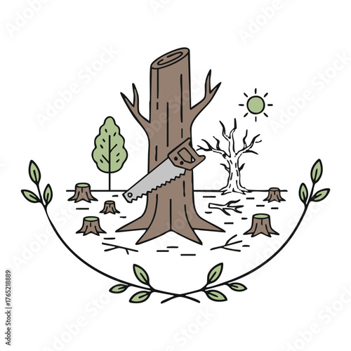 Vector art depicting forest clearing and environmental impact
