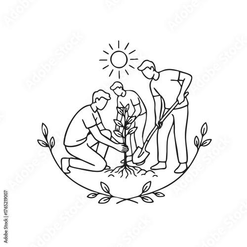 Tree planting teamwork vector line art illustration