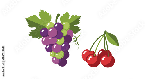 Fresh vibrant grapes and juicy red cherries with green leaves, perfect for healthy eating and summer themes