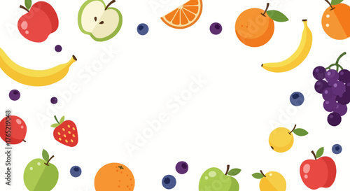 Vibrant fresh fruit border showcasing apples, bananas, oranges, grapes, strawberries, and blueberries for healthy eating and natural themes