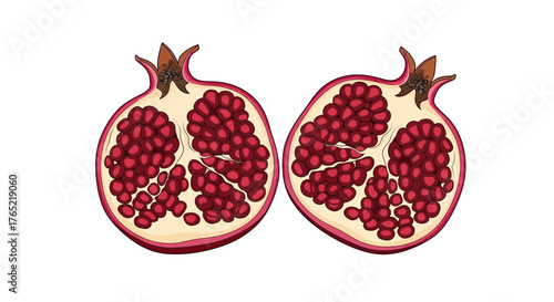Vibrant, juicy pomegranate halves bursting with ruby red arils showcase nature's healthy goodness and culinary appeal