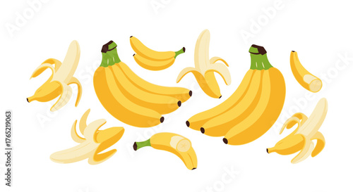 Vibrant collection of ripe yellow bananas, some peeled, showcasing fresh, healthy tropical fruit for culinary inspiration and vibrant designs.