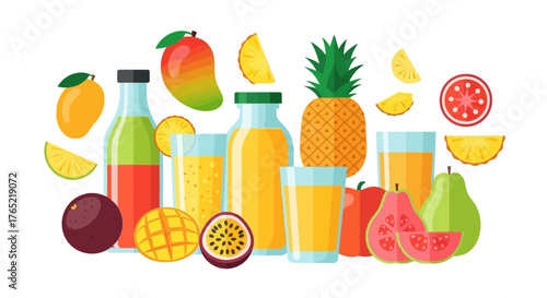 Vibrant tropical fruit juices and whole fruits offer a refreshing burst of natural goodness and healthy refreshment for vibrant lifestyle marketing