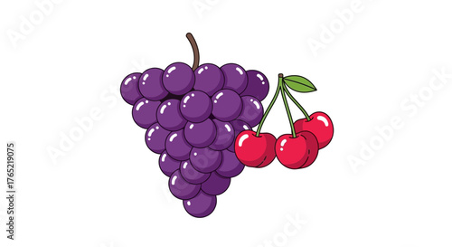 Vibrant cluster of ripe purple grapes and bright red cherries, perfect for healthy eating and summer themes.