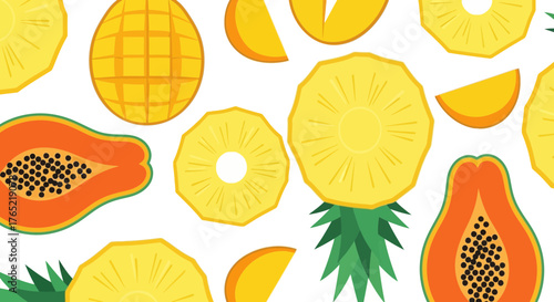 Vibrant tropical fruit pattern featuring juicy pineapple slices, ripe mango wedges, and fresh papaya halves, perfect for summer designs.