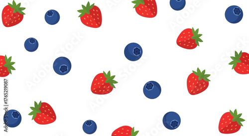 Vibrant strawberries and blueberries scattered playfully, creating a fresh and delightful pattern perfect for food branding and healthy lifestyle designs.