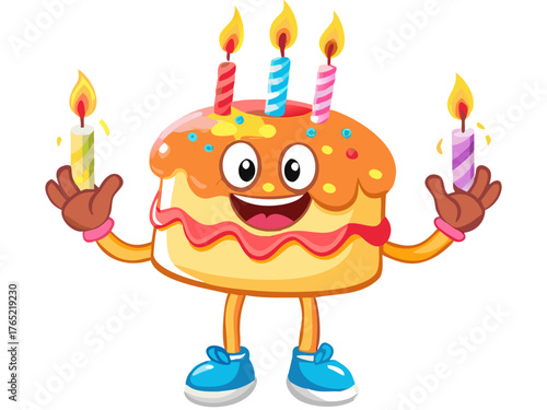 Retro groovy birthday cake character. Isolated cartoon vector festive pastry personage ready to light the candles, with colorful icing and a big smile, enjoying cheerful birthday event celebration

