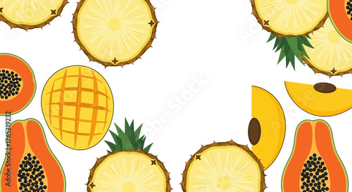 Vibrant tropical fruits like pineapple, mango, and papaya create a fresh, healthy, and exotic border for your design projects