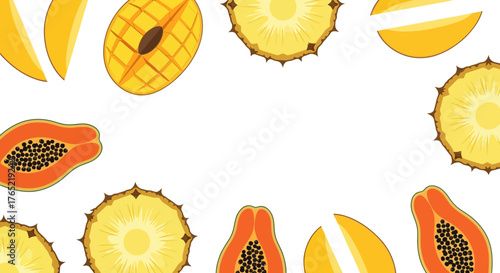 Bright and vibrant tropical fruit slices create a refreshing border perfect for summer promotions, healthy eating content, or juice branding.